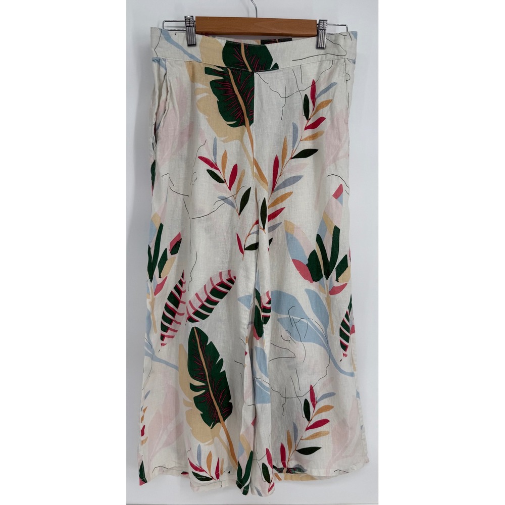 Cynthia Rowley Linen Topical Leaf Print Wide Leg Cream Pants High Waist Sz L